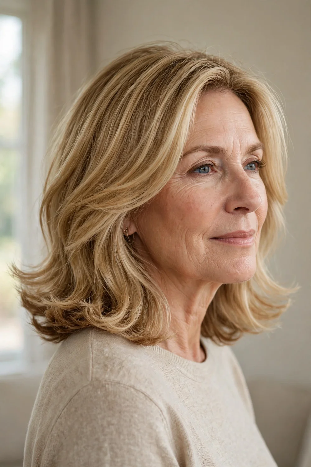 52-year-old woman with honey blonde medium cut with flipped ends, side view