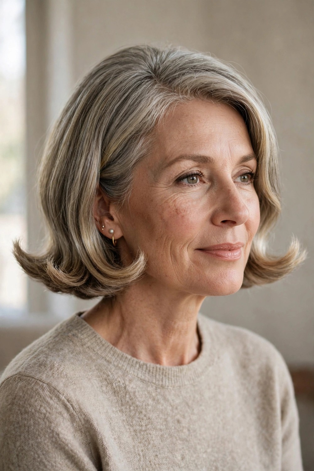 Chin-length bob with playful flipped-out ends on gray-blonde fine hair