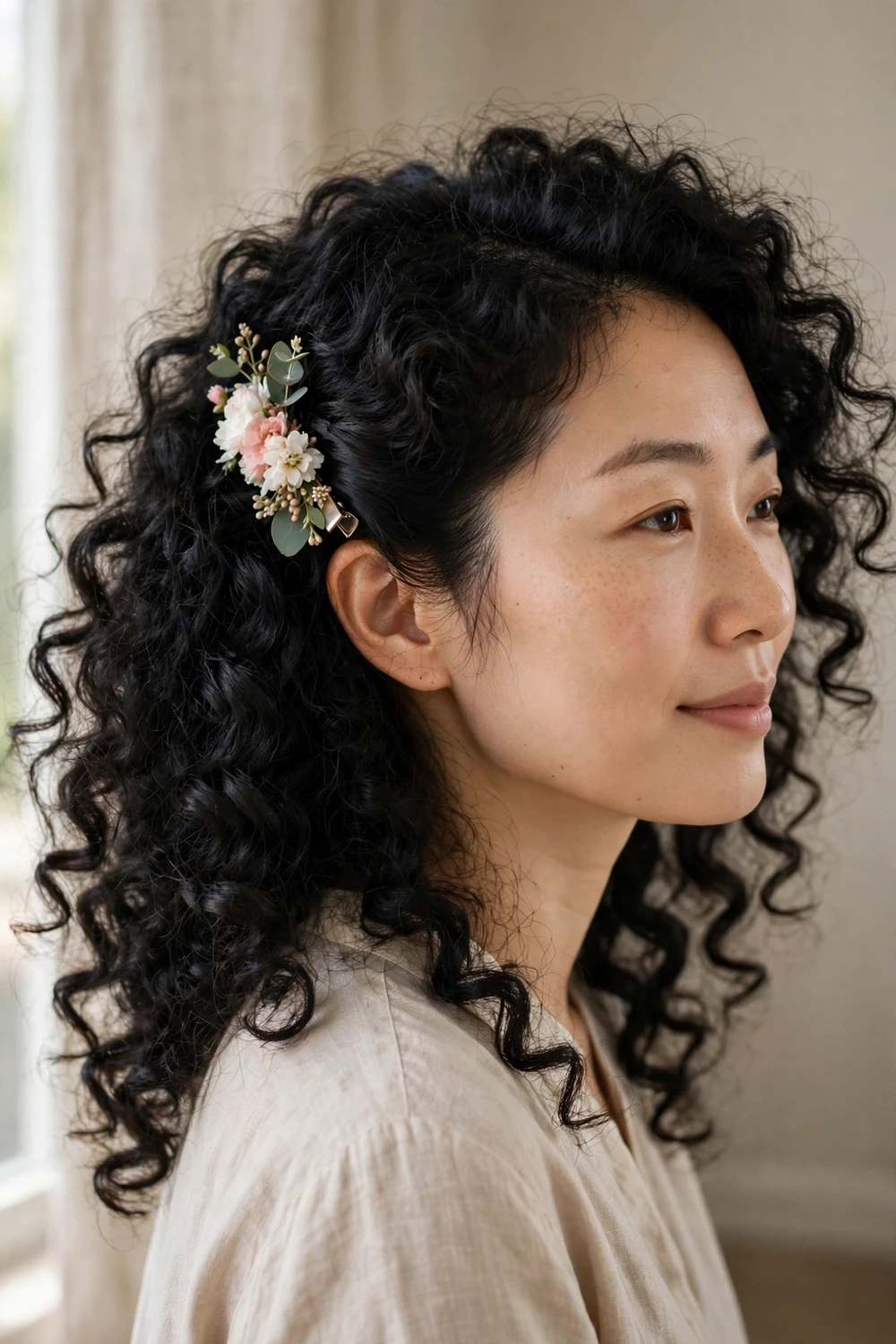 Woman with thick natural curls pinned with a floral hair clip