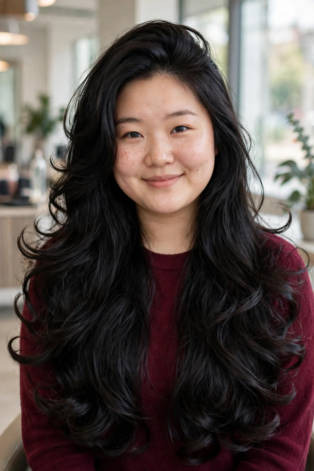 Woman with a round face and long black hair in flowing layers with the ends curled outward