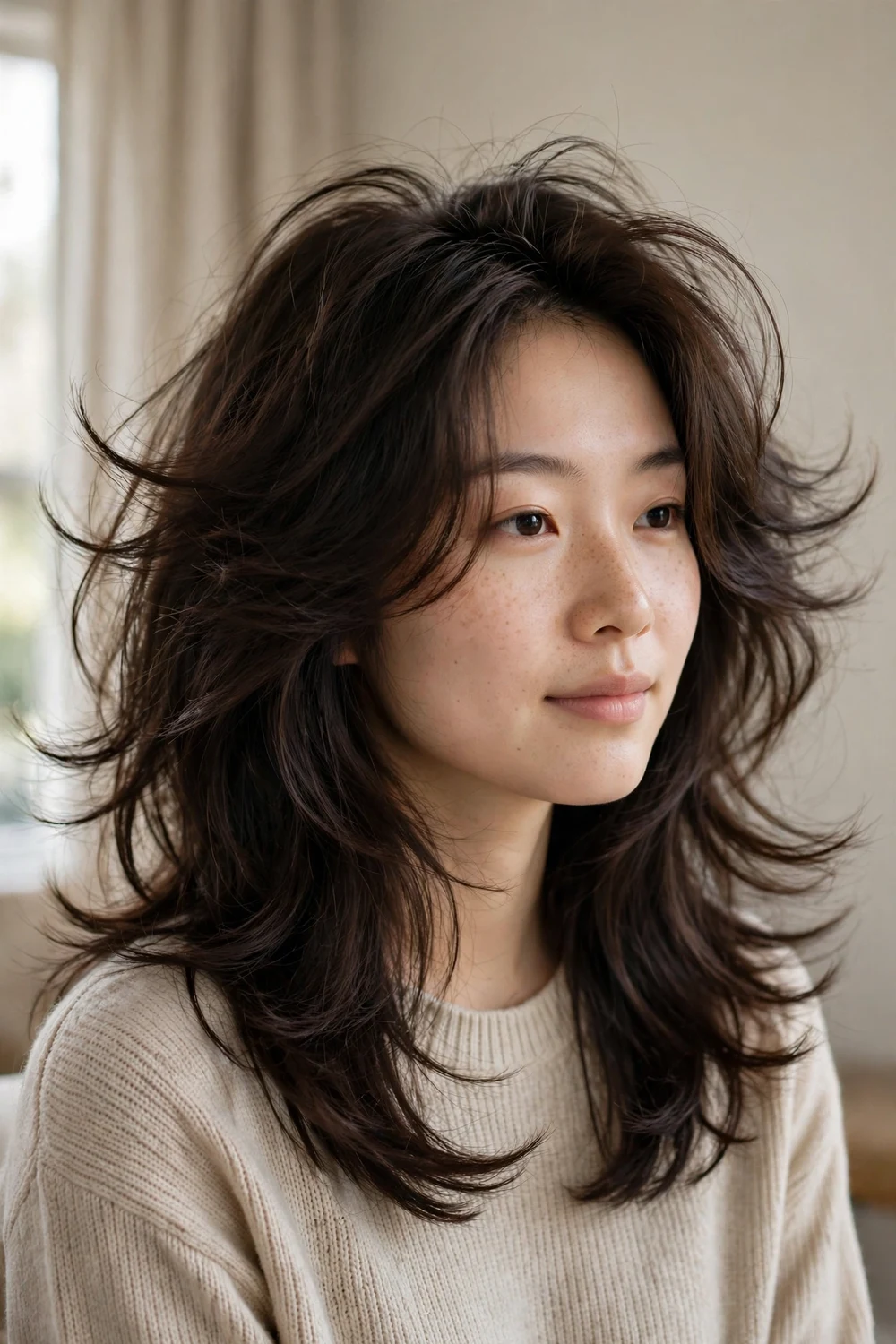Fluffy butterfly cut with airy brushed-out volume
