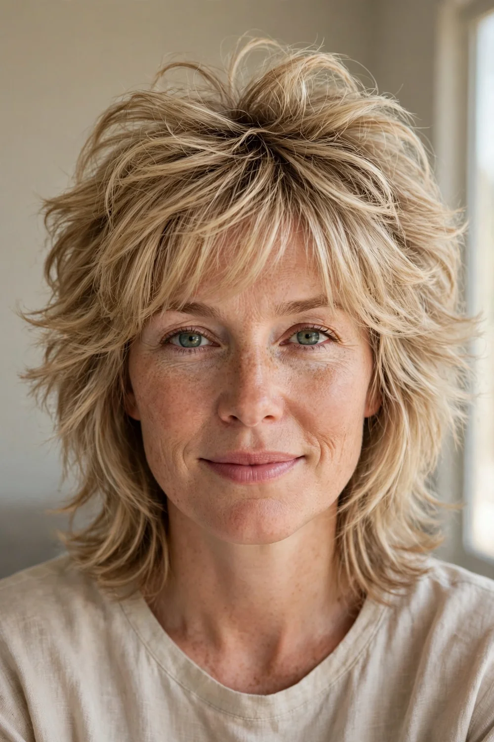 Fluffy wolf cut for fine hair with soft lifted layers on sandy blonde hair