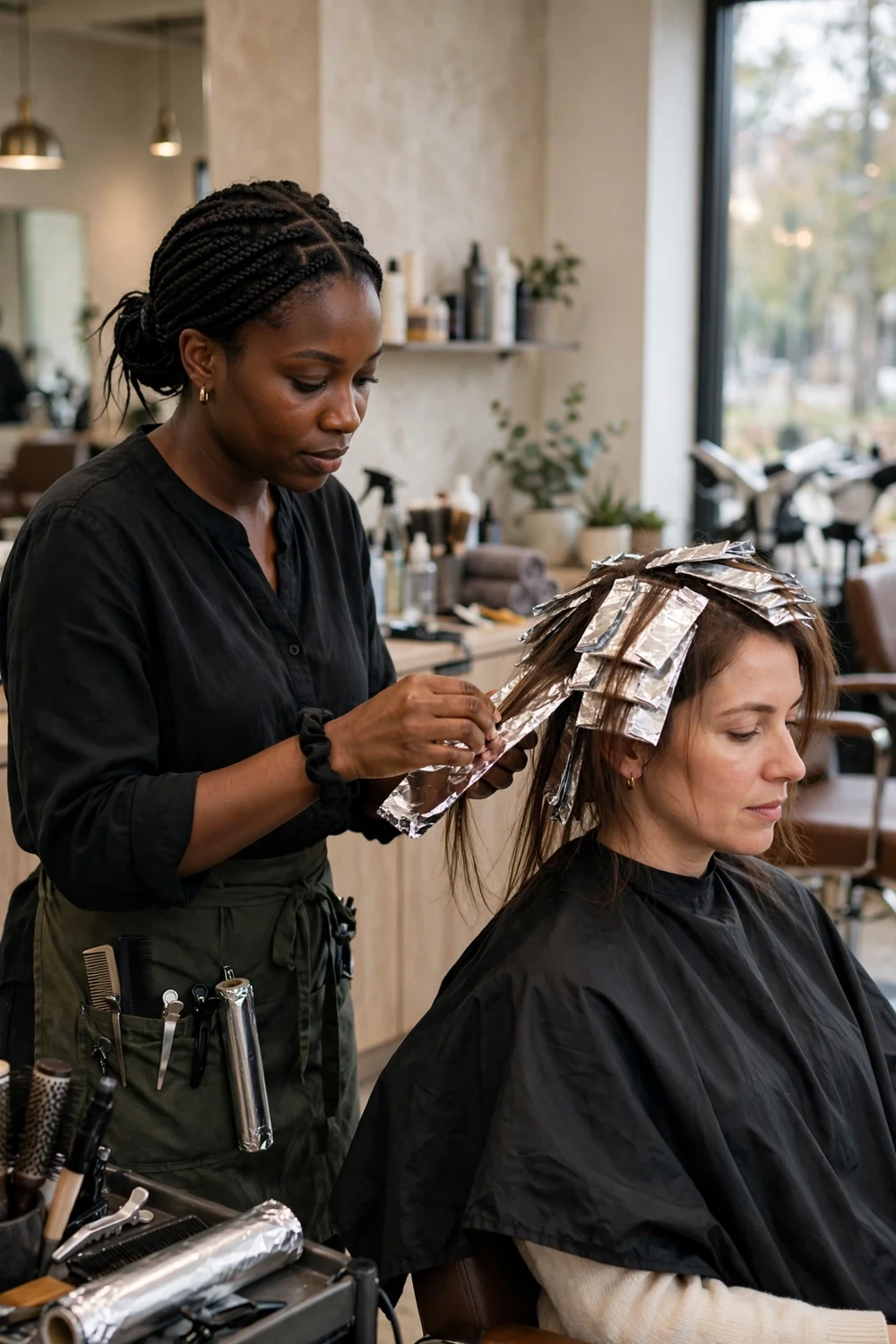 Hairstylist applying foil highlights in a salon