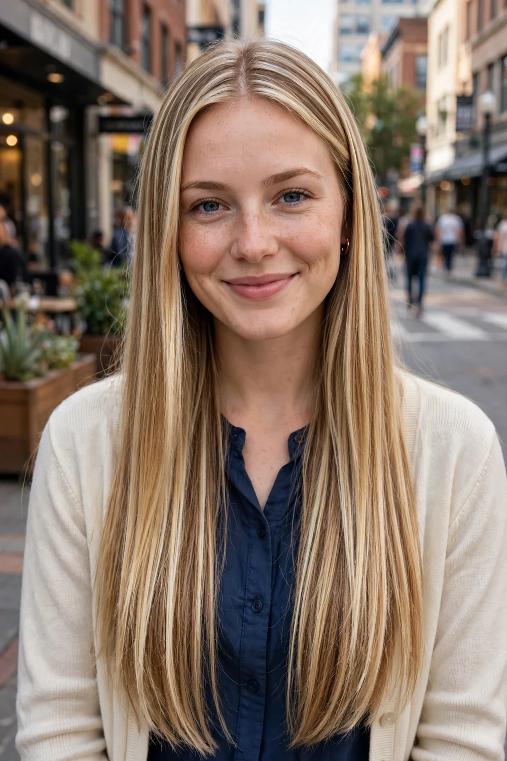 Woman with bright, defined blonde foil highlights