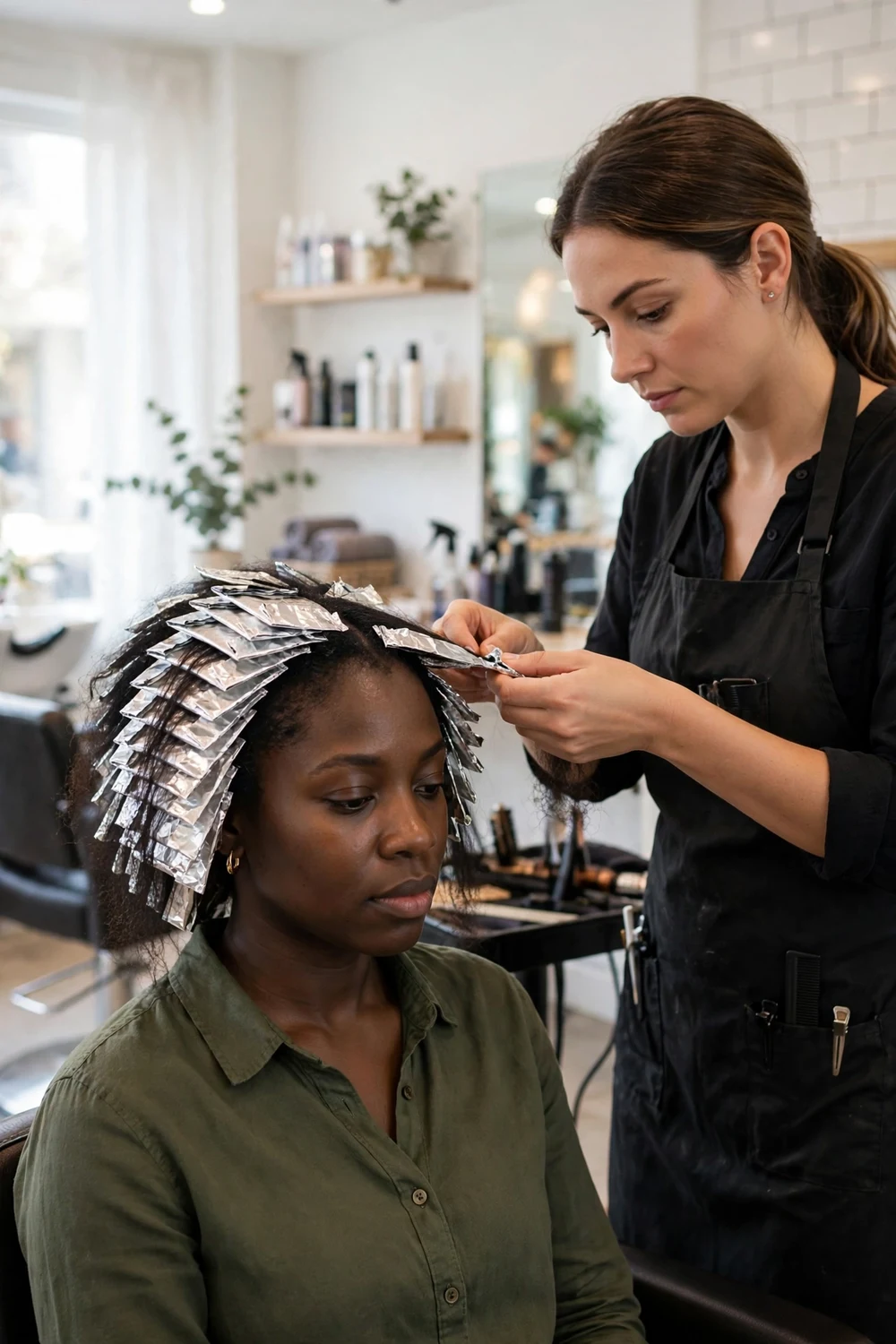 Hairstylist wrapping precise foil highlights on a client