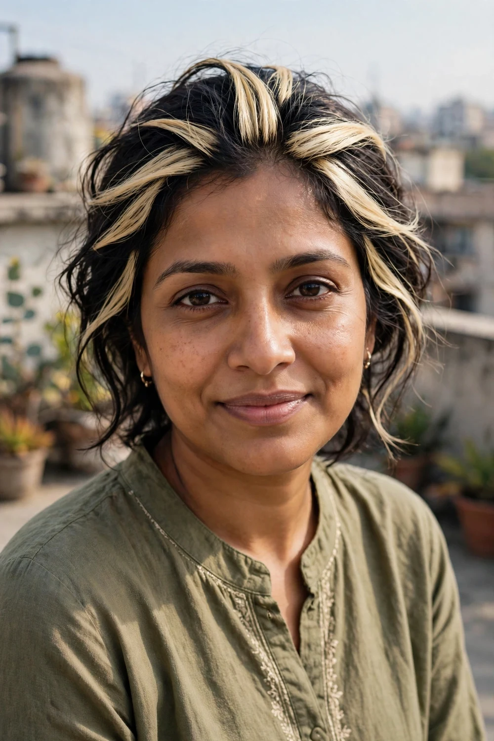 Woman with structured high-contrast foil highlights on dark hair