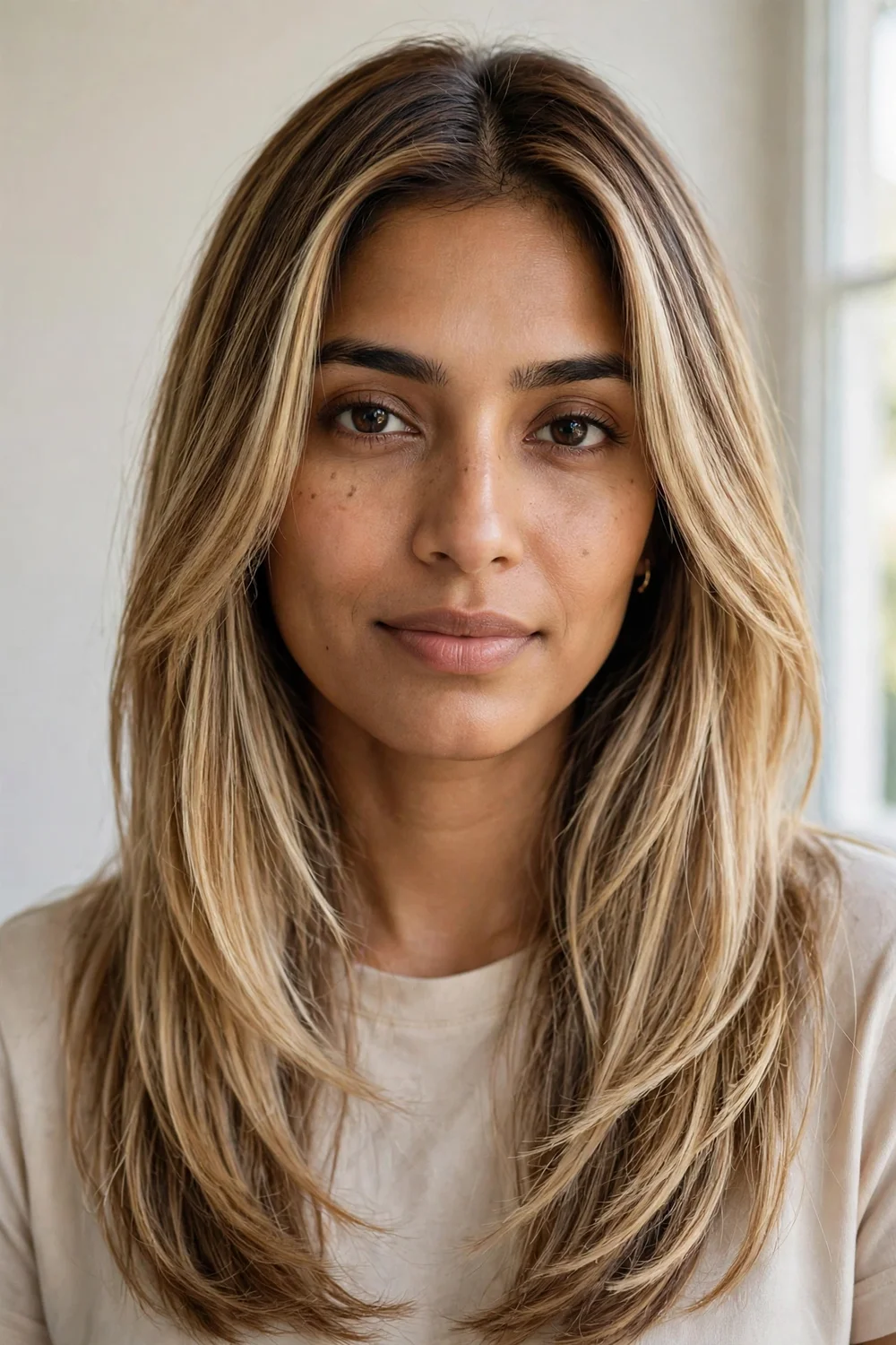 Woman with foilyage blonde balayage on brown hair, bright even blonde pieces on a dark base