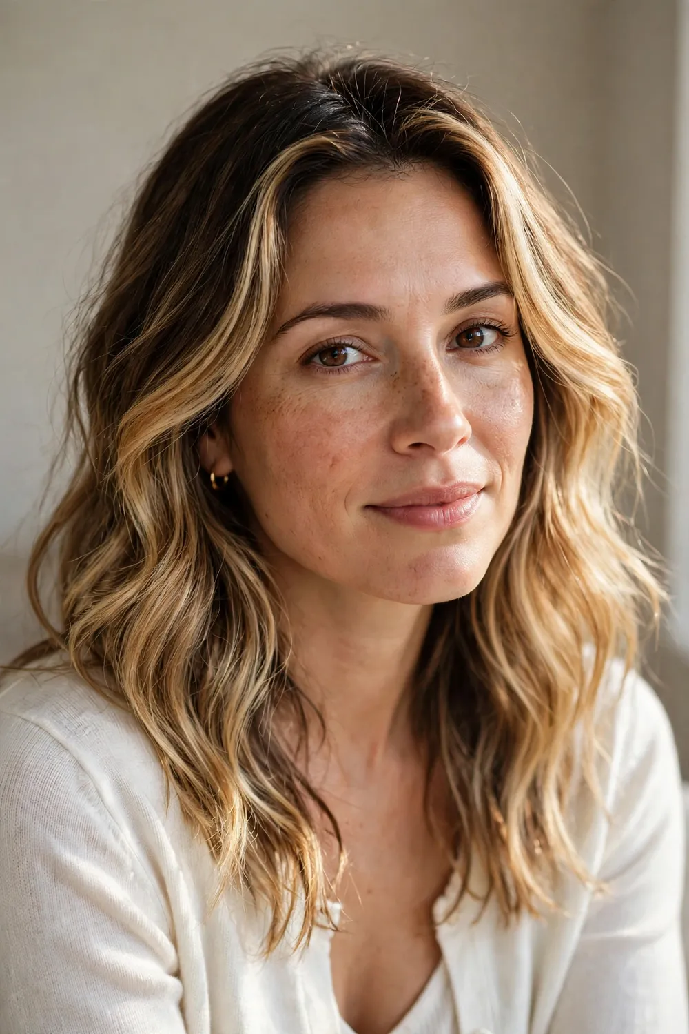 Foilyage technique giving bright yet natural honey blonde dimension on brunette hair