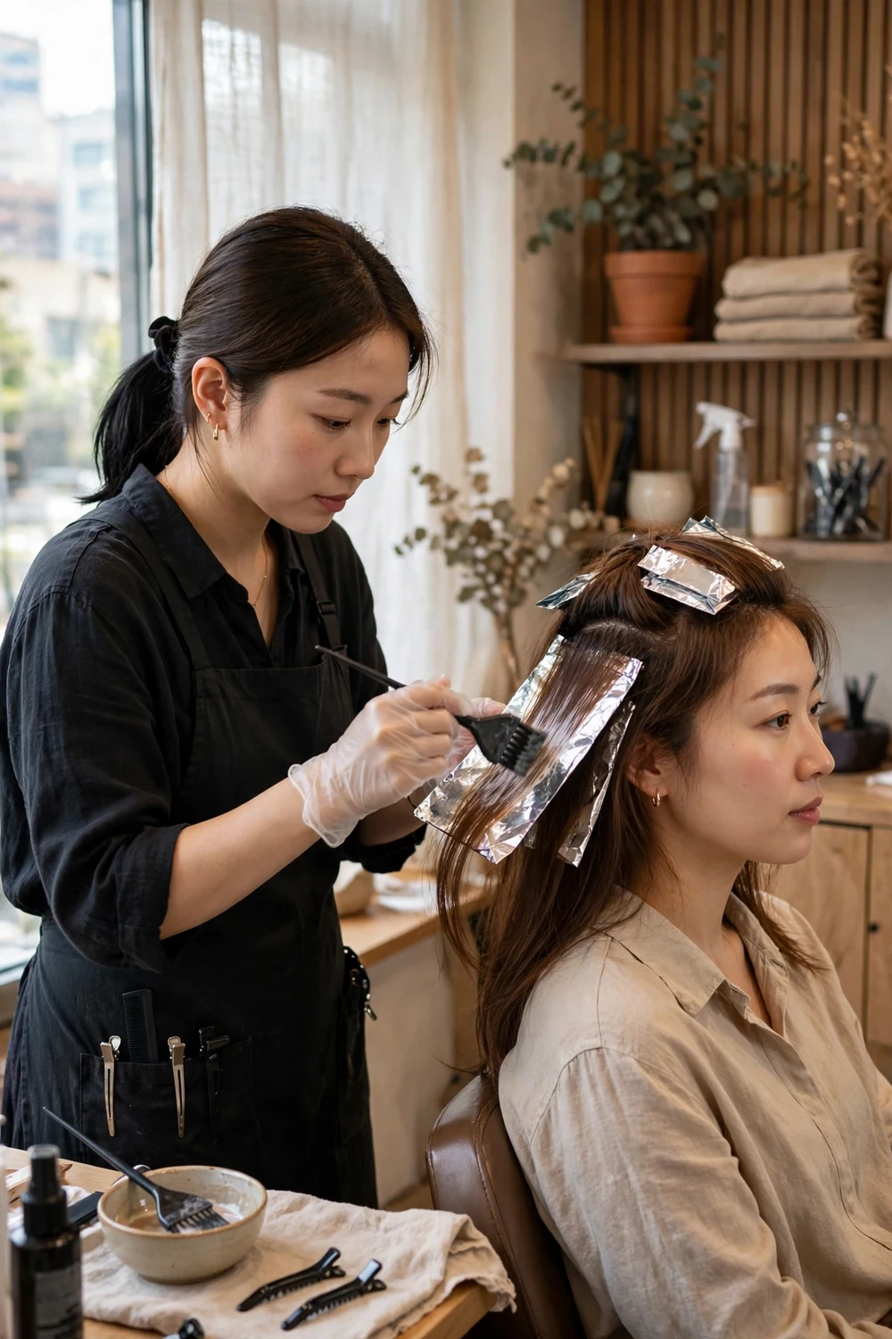 Colorist applying foilyage, a hybrid of balayage and foil highlights