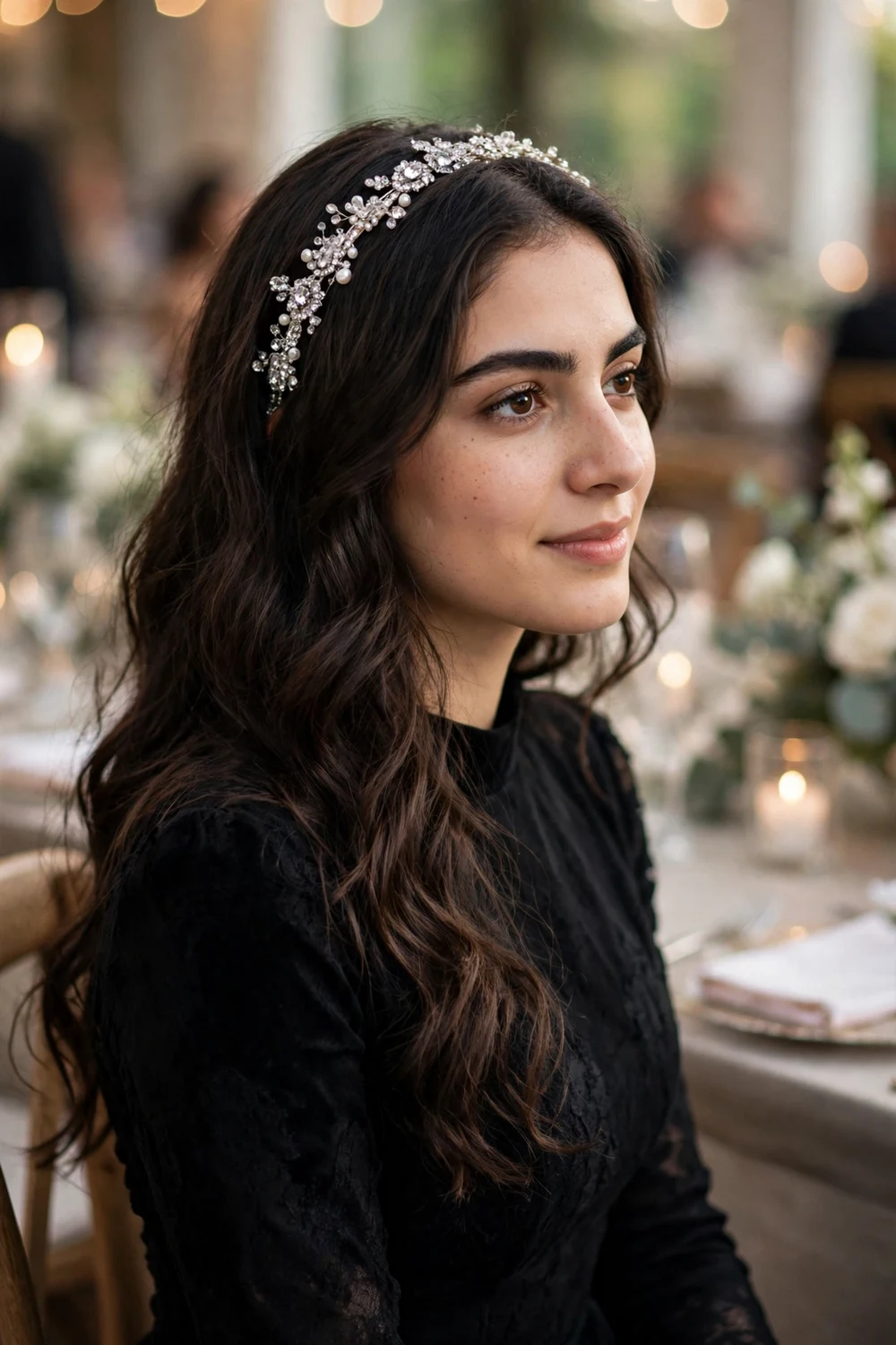 Woman with long dark brown wavy hair wearing a sparkling jeweled headband
