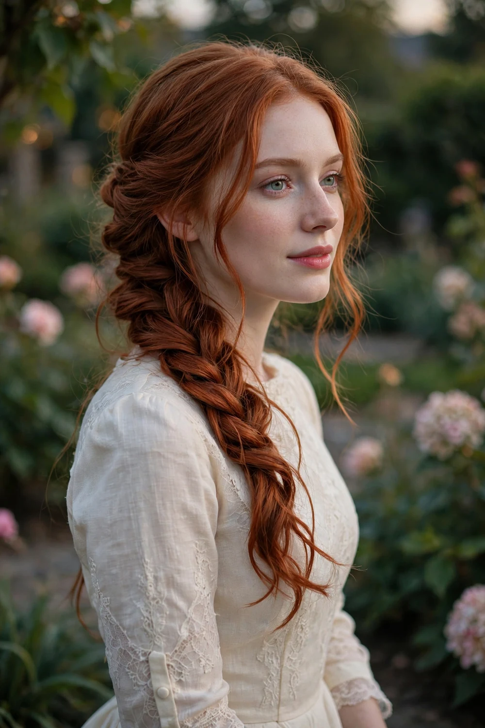 Woman with long red hair in a loose romantic side fishtail braid over one shoulder