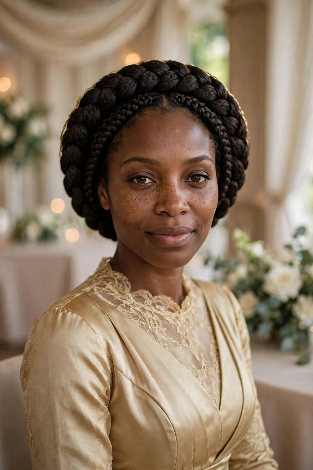 Woman with very long hair in an elegant braided crown halo updo for a formal wedding