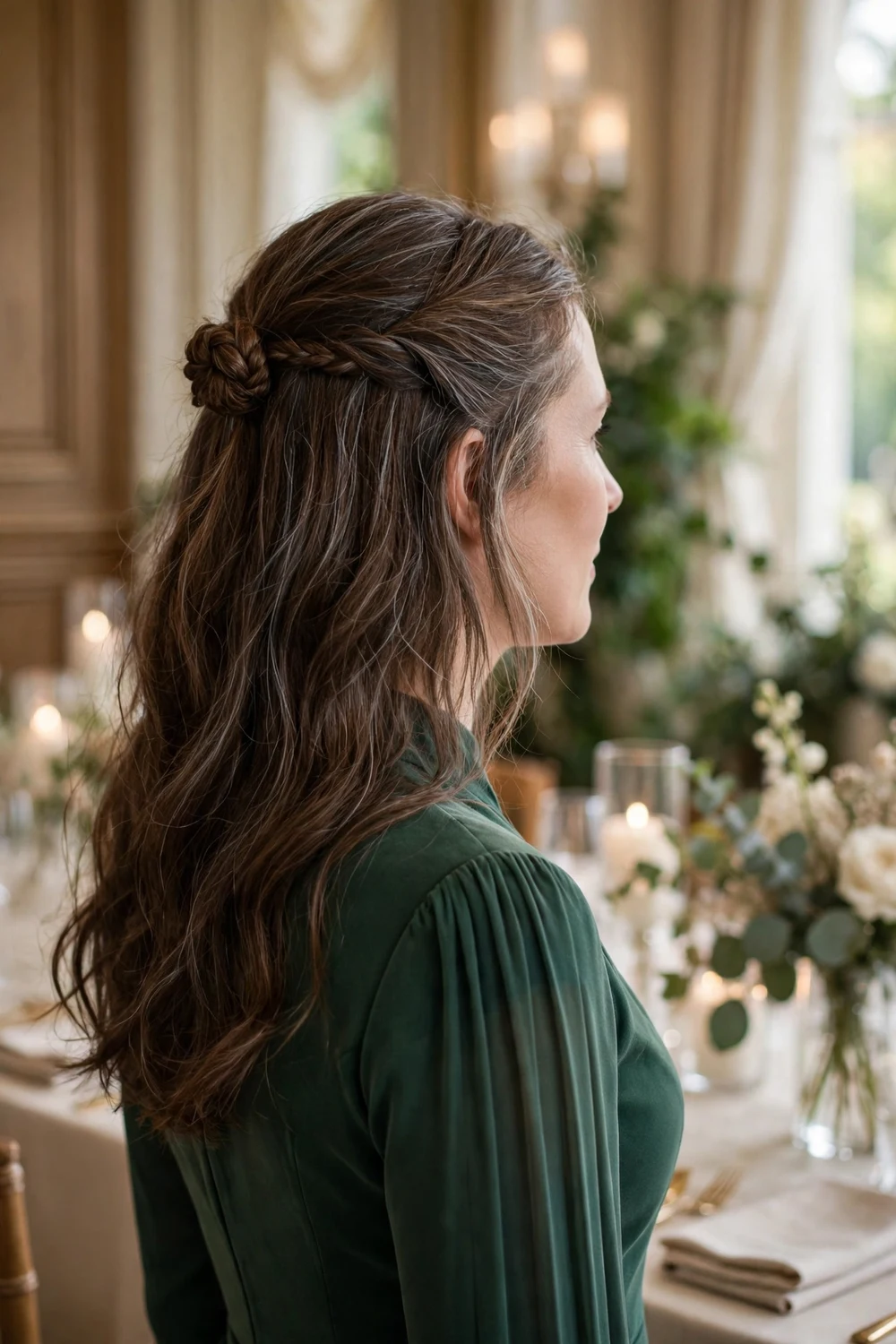 Woman with long brown hair in a half-up style with two small braids joined into a tiny braided bun