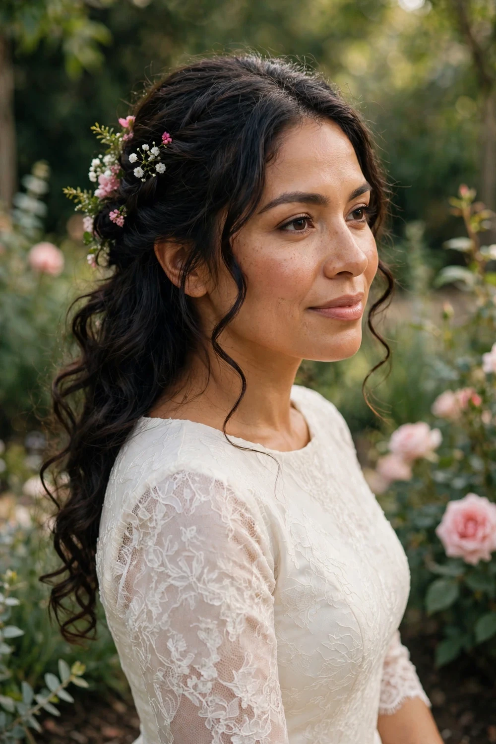 Woman with long dark hair in a half-up style adorned with small fresh flowers and soft curls
