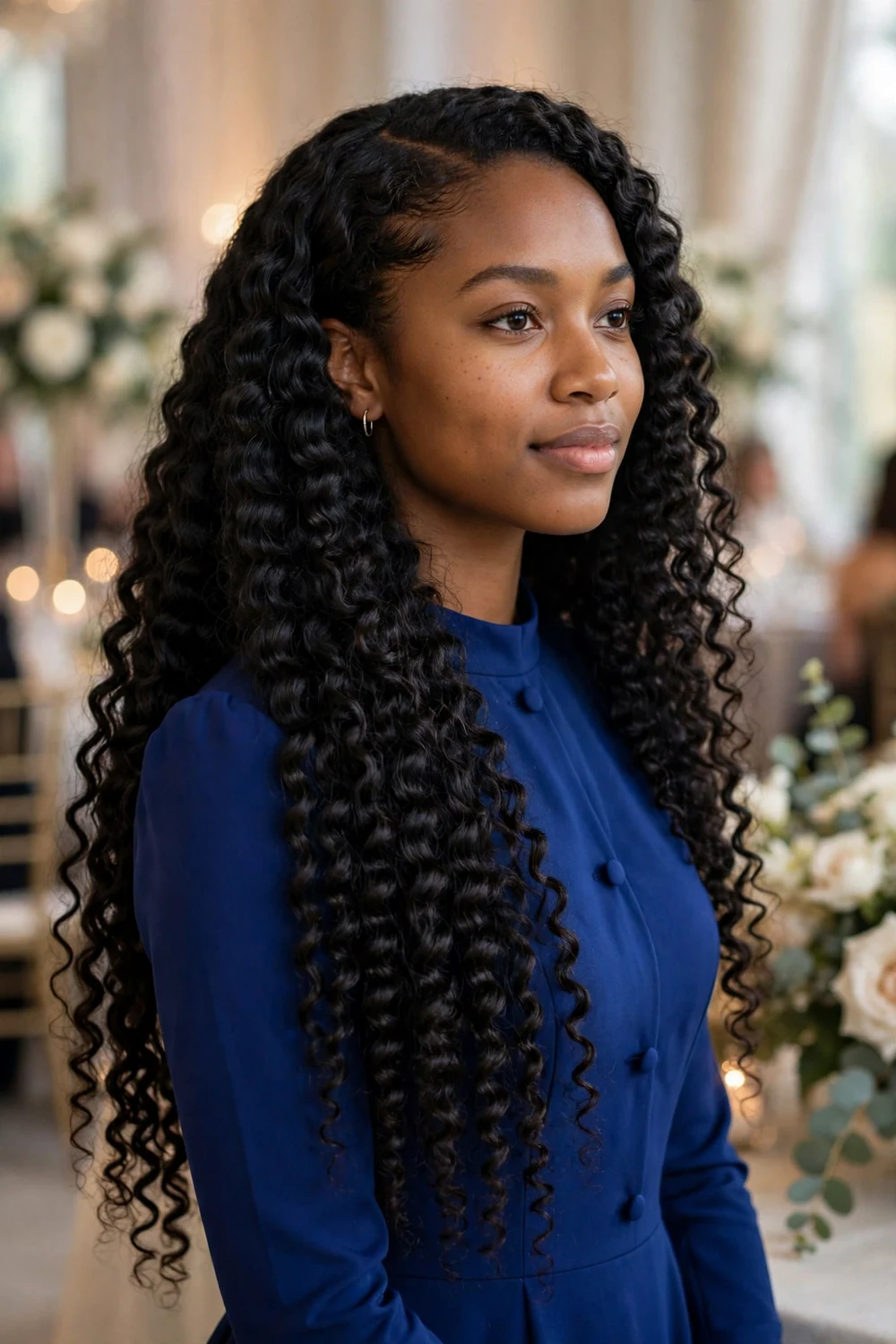 Woman with very long natural coily hair worn down in polished defined shiny curls