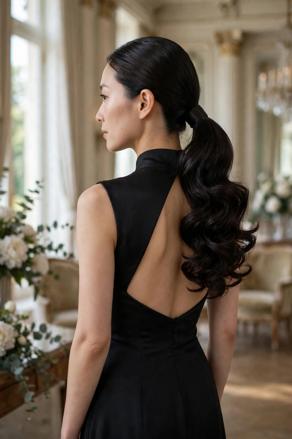 Woman with very long dark hair slicked back into a dramatic low ponytail with big curls
