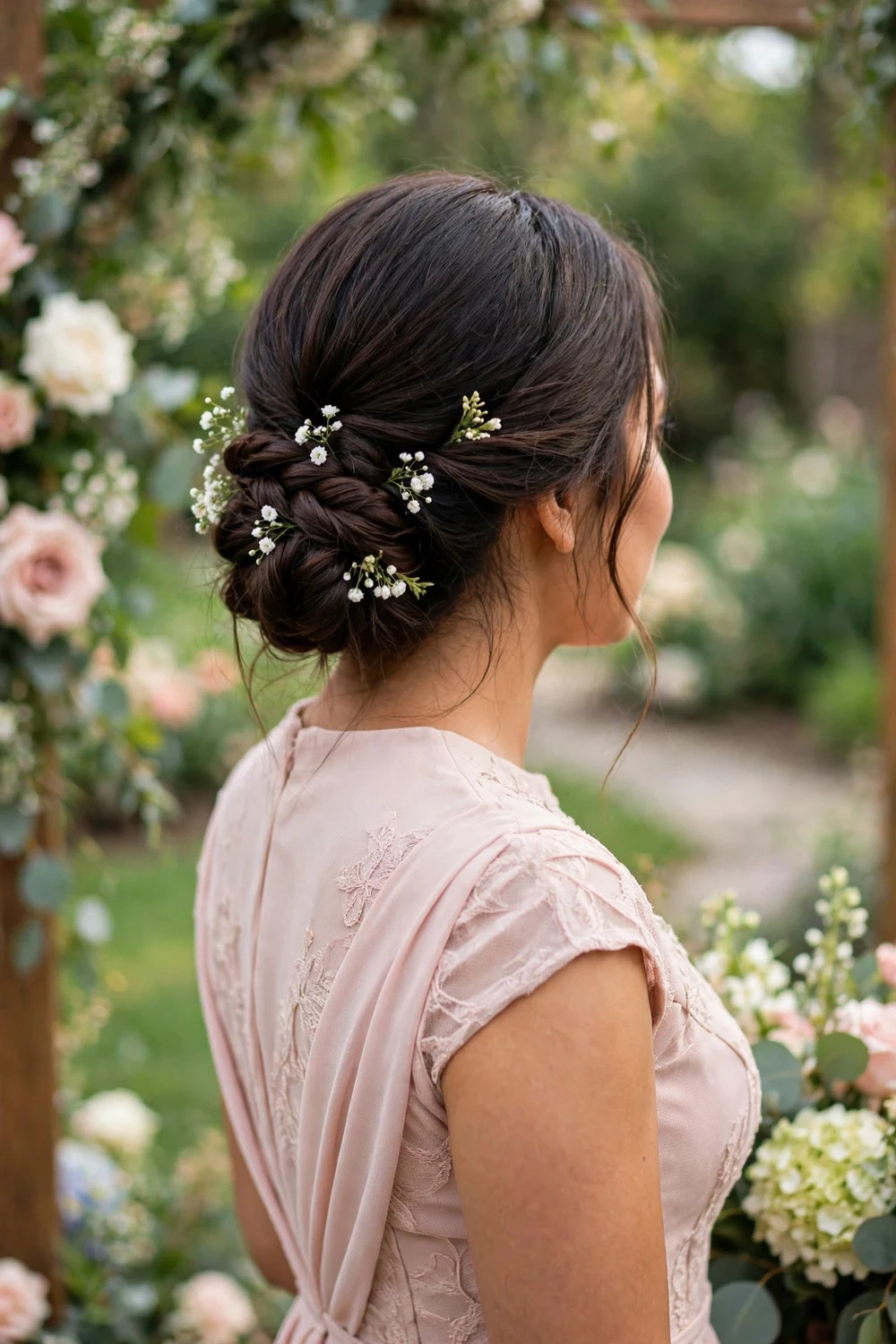 Woman with long dark brown hair in a low braided updo decorated with small fresh flowers