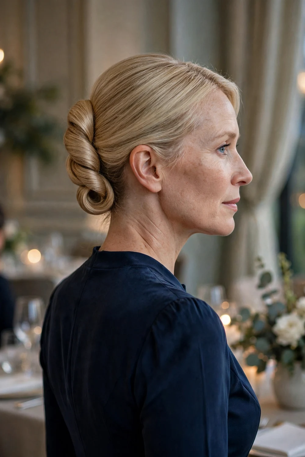Woman with long blonde hair in a classic smooth French twist viewed from the side