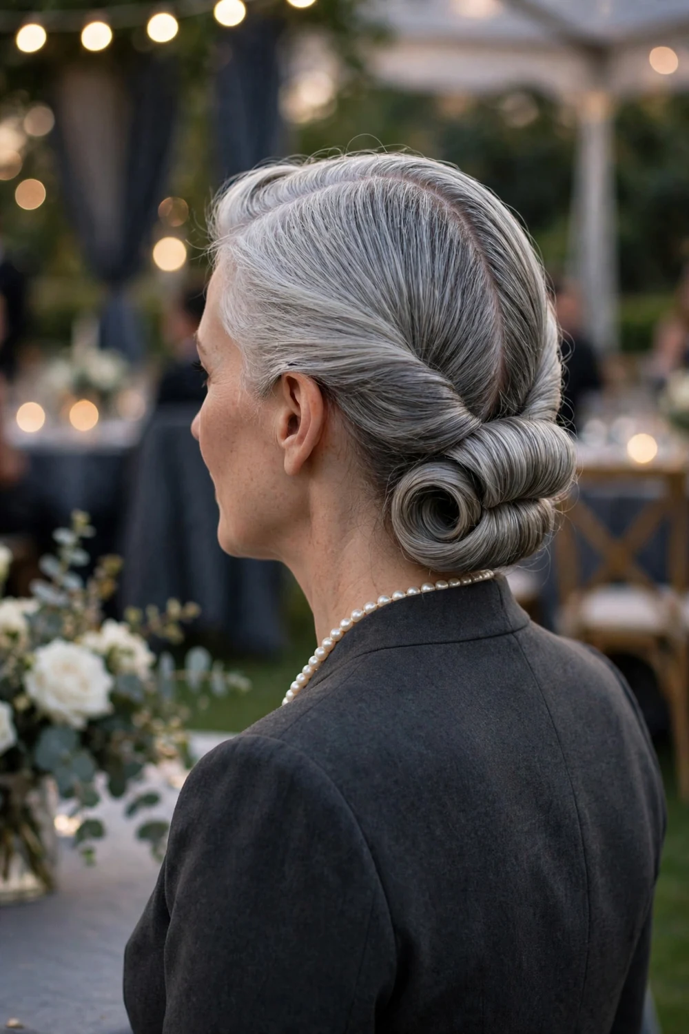 Woman with long silver-gray hair in a vintage Gibson tuck roll with a center part