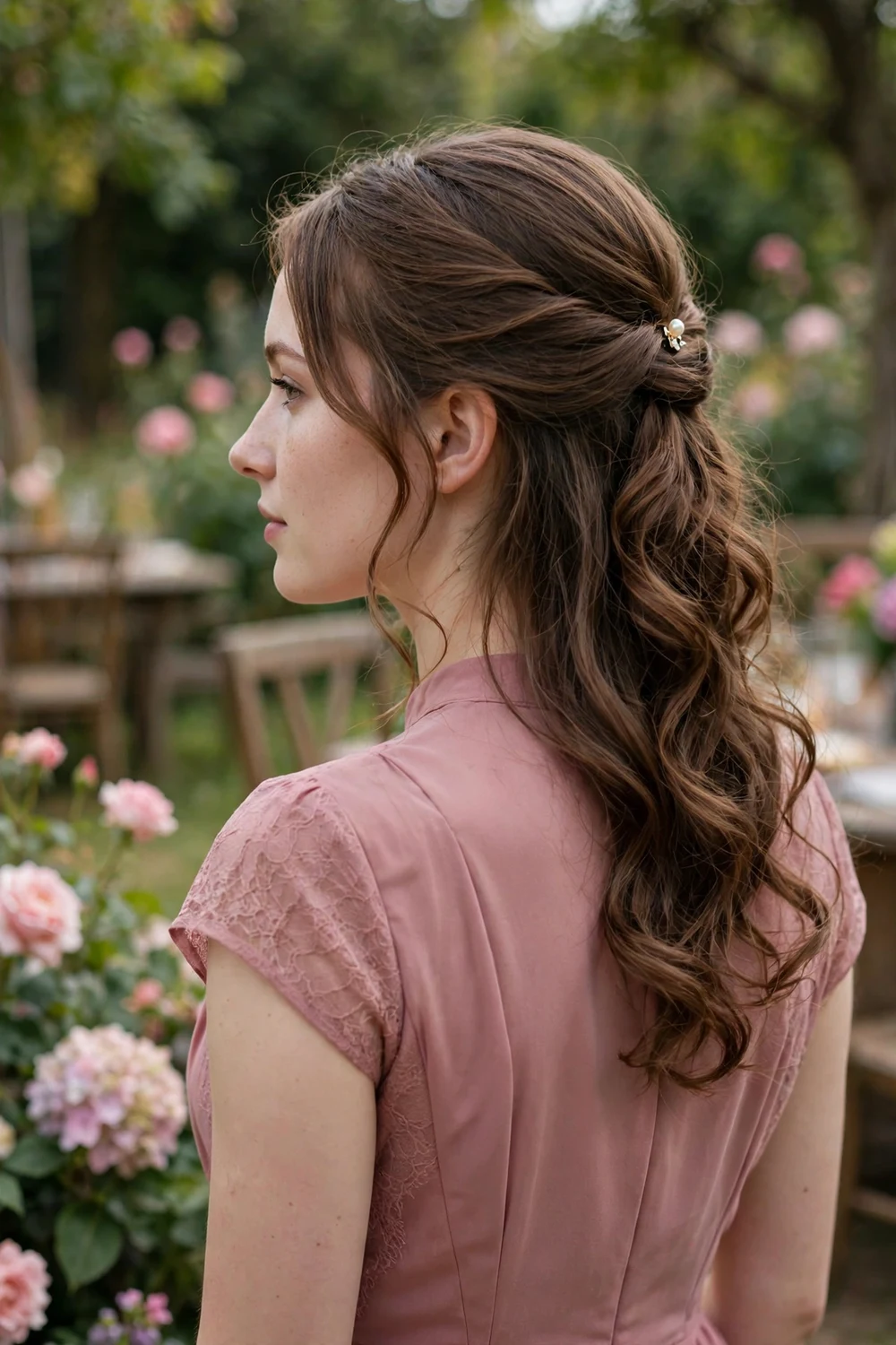Woman with long brown hair in a half-up half-down style with soft romantic curls