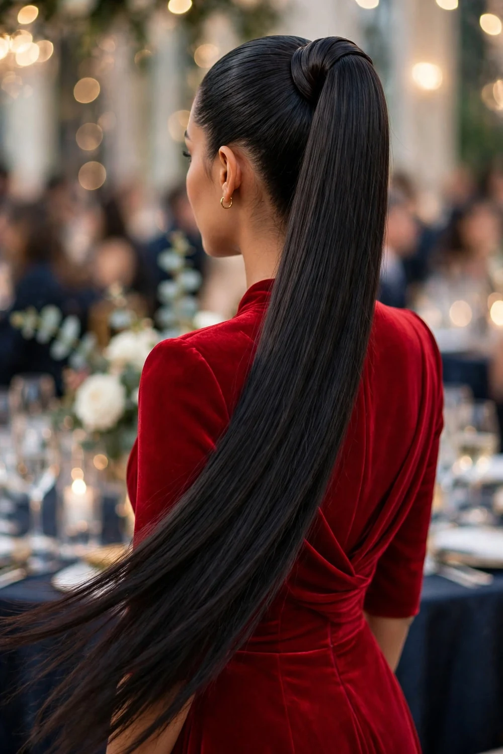 Woman with very long straight black hair in a high sleek glossy ponytail with wrapped base