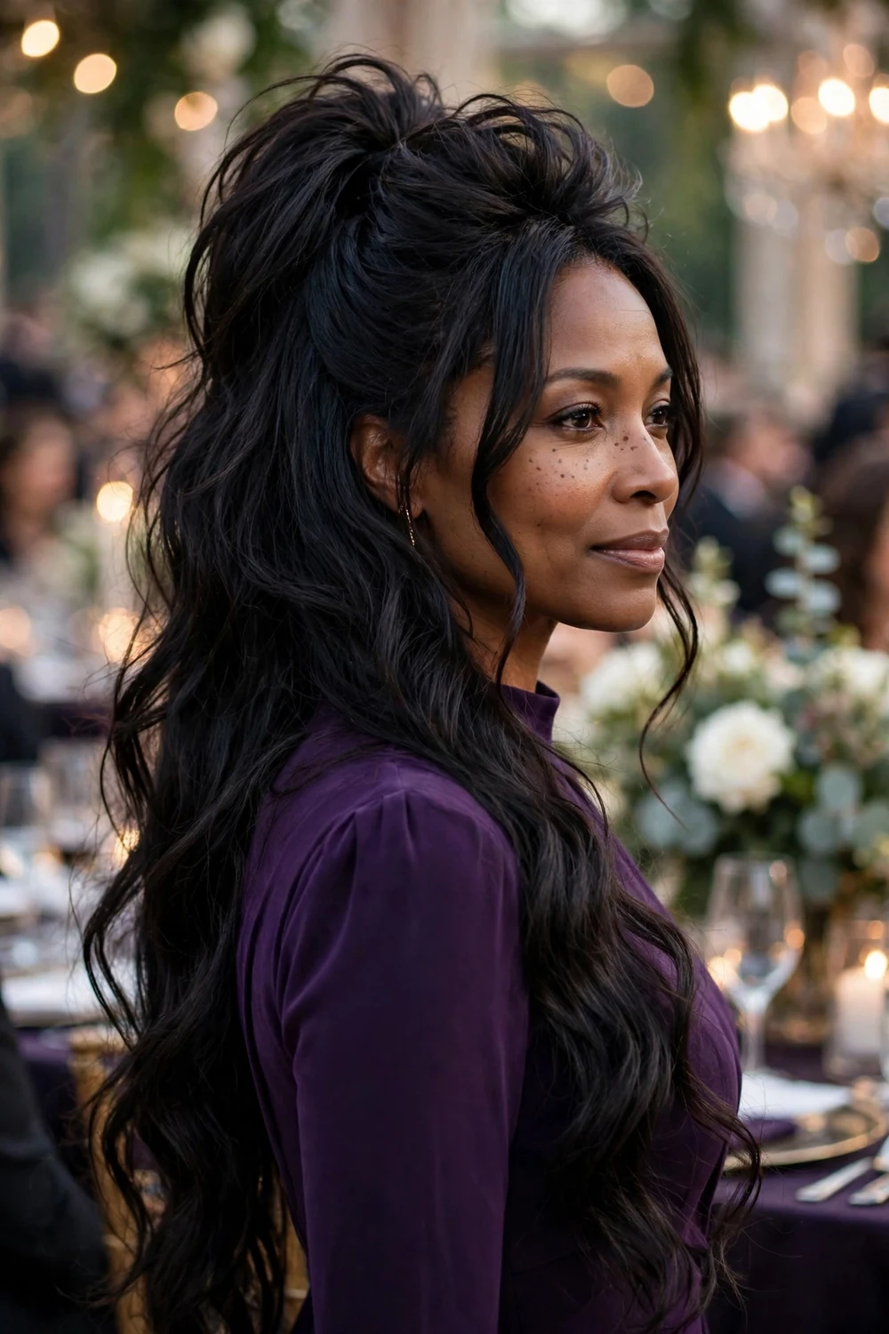 Woman with very long dark hair in a high-volume half-up ponytail with teased crown