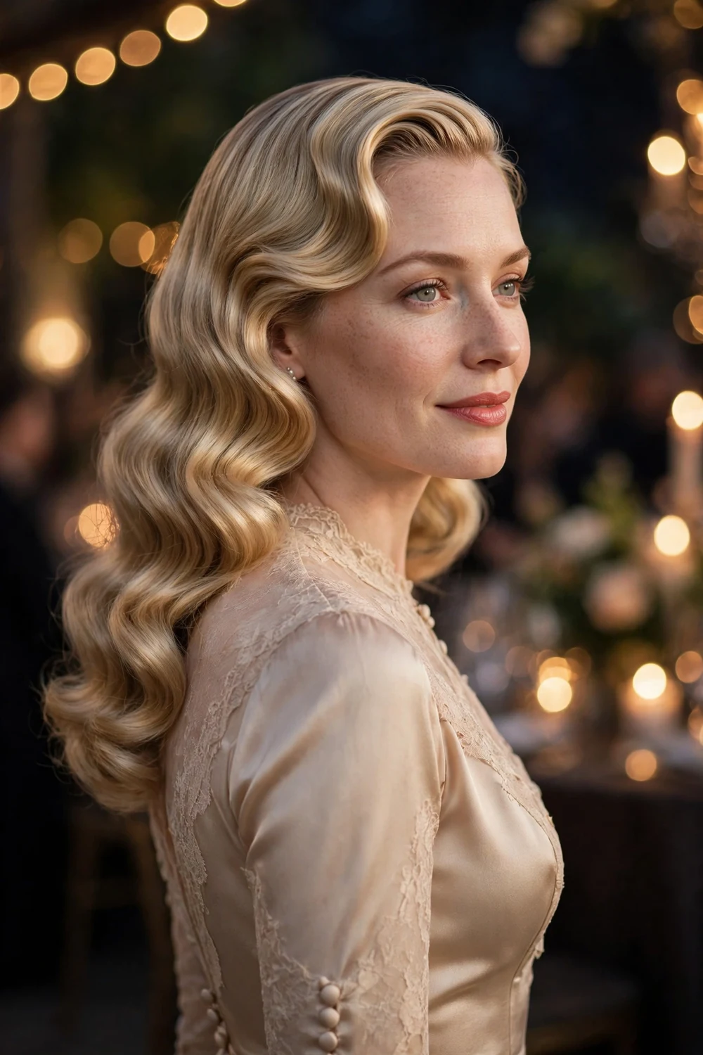 Woman with long blonde hair in polished vintage Hollywood waves with a deep side part