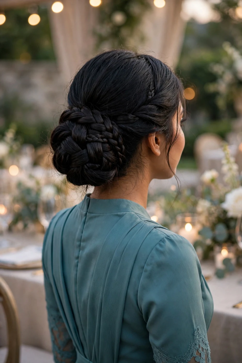 Woman with very long black hair in an intricate braided low bun updo viewed from behind