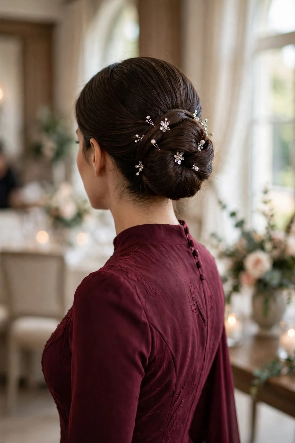 Woman with long dark brown hair in a low bun decorated with jeweled crystal hairpins