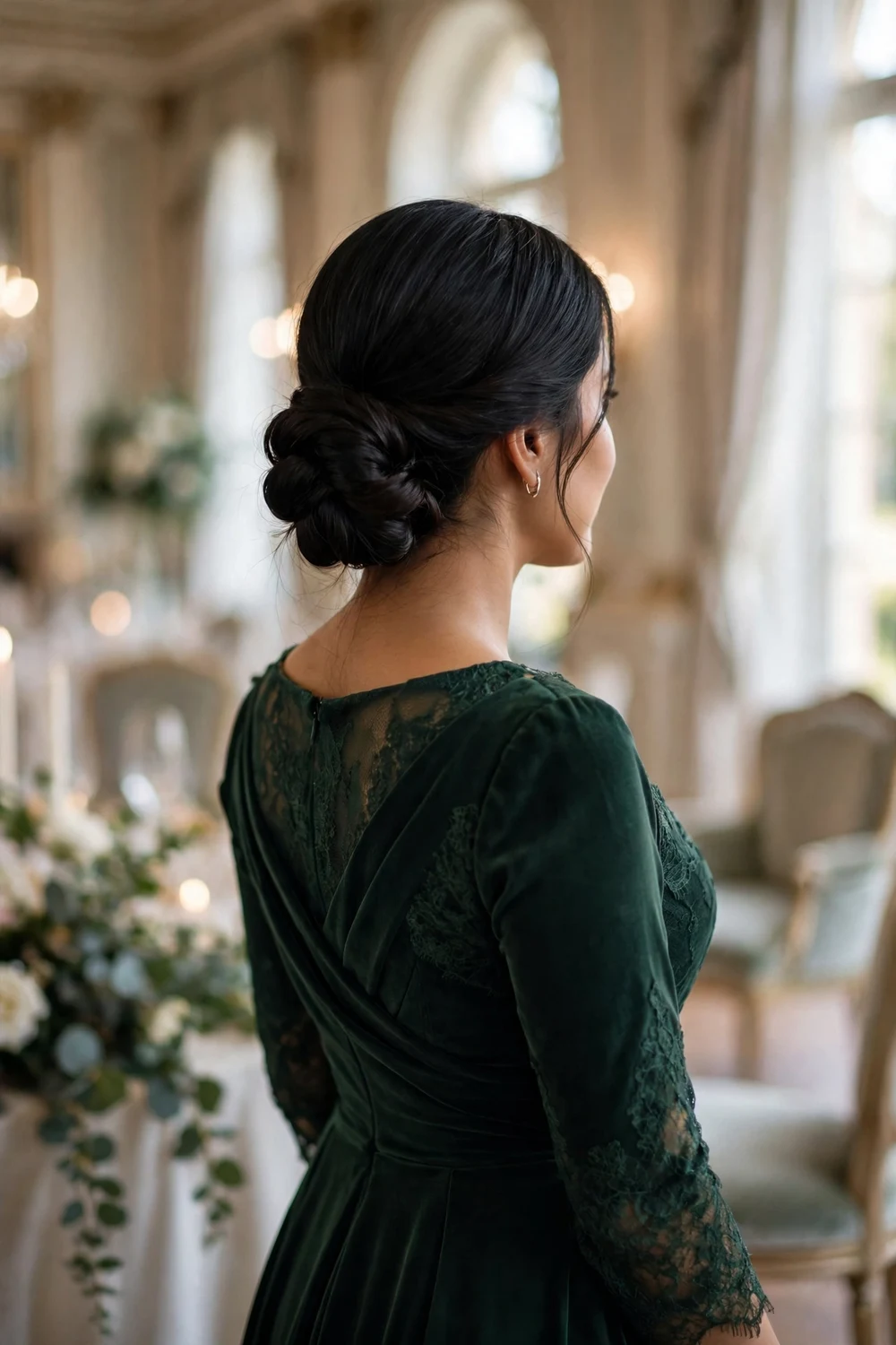 Woman with long black hair in a low twisted chignon at the nape for a formal event
