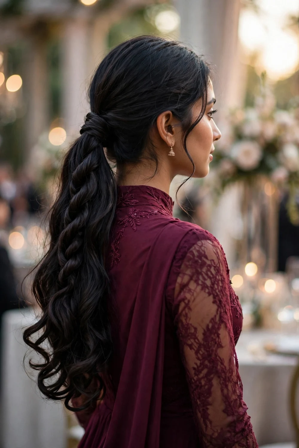 Woman with very long dark hair in a low side ponytail with twisted rope detail and soft curls