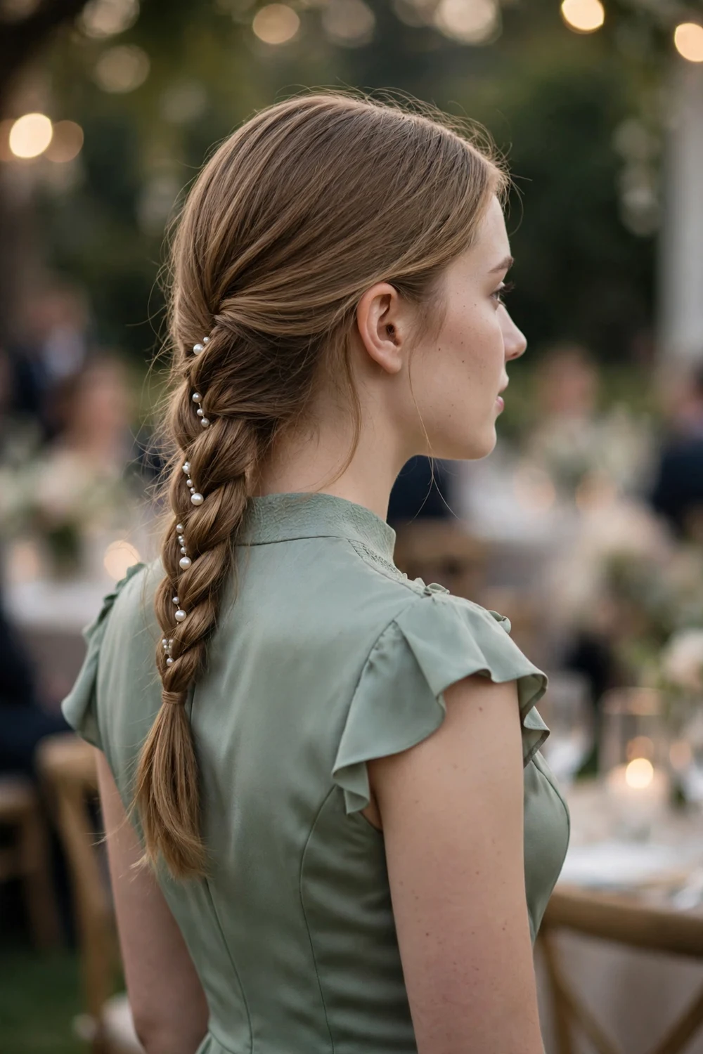Woman with long light brown hair in a sleek side braid decorated with small pearl pins