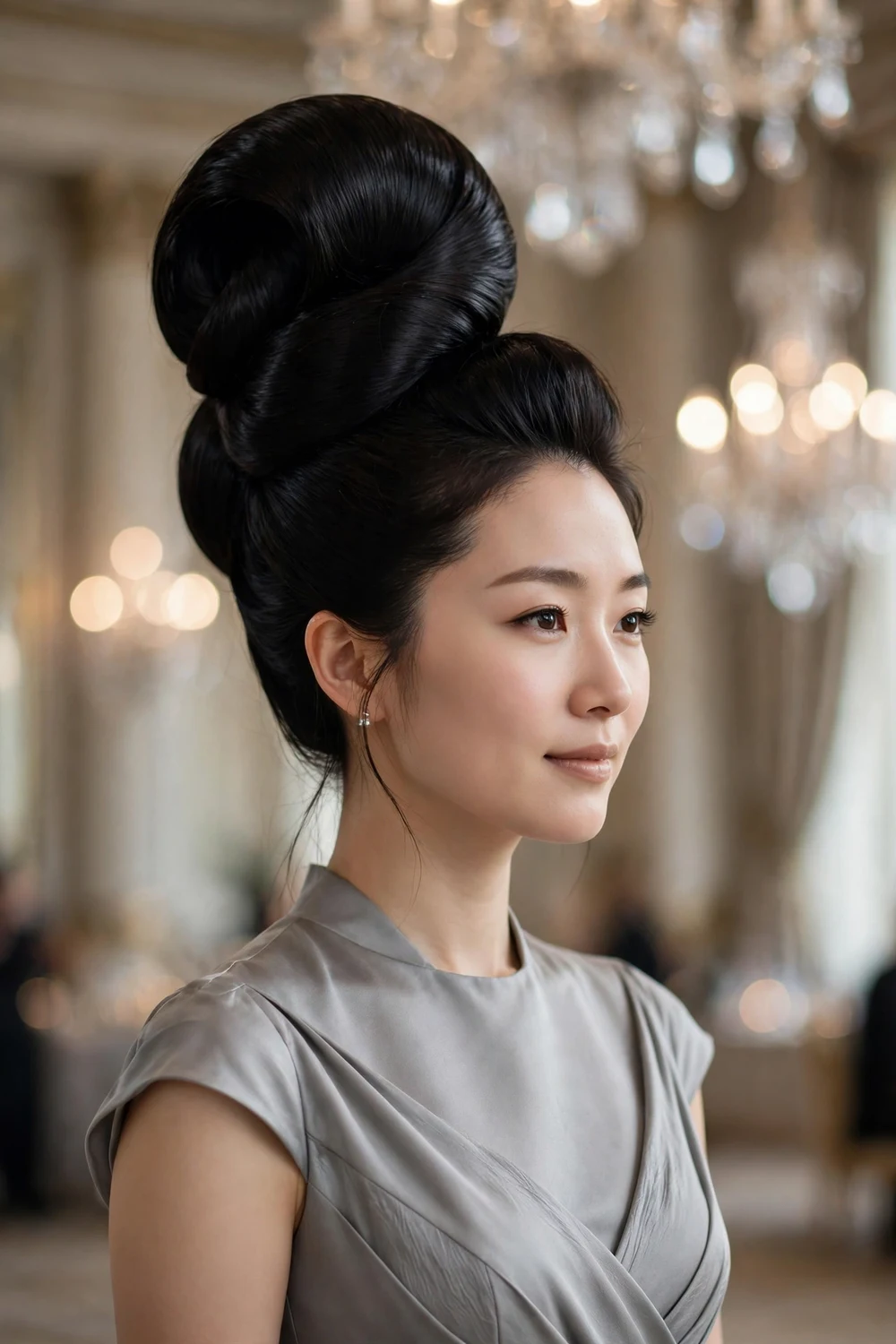 Woman with very long black hair in a tall sculptural voluminous formal updo