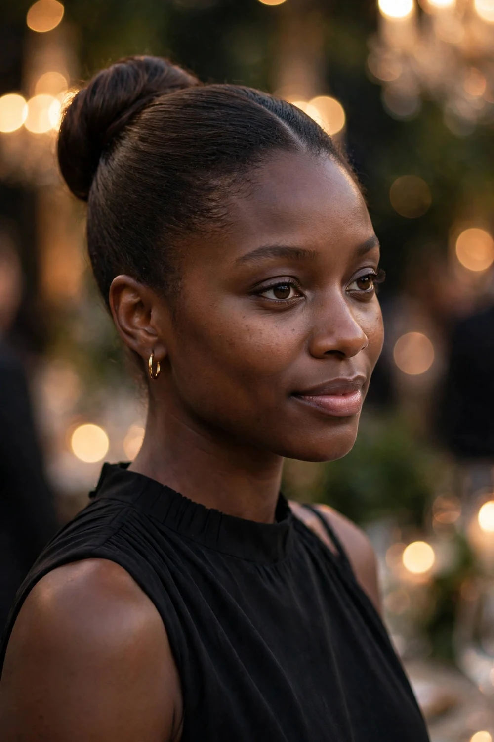 Woman with long dark brown hair in a sleek high bun with a center part at a gala