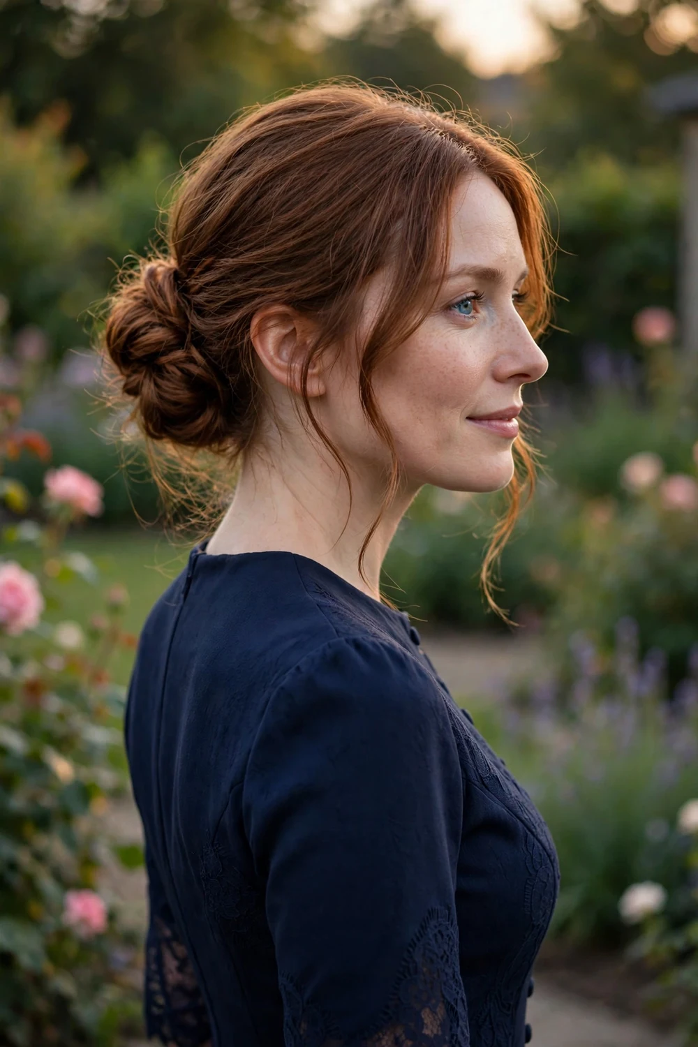 Woman with long auburn hair in a soft textured low bun with face-framing tendrils