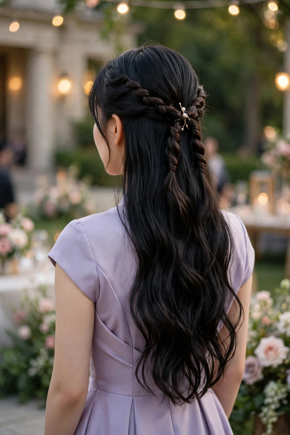 Woman with very long black hair in a half-up style with two loose rope twists pulled back
