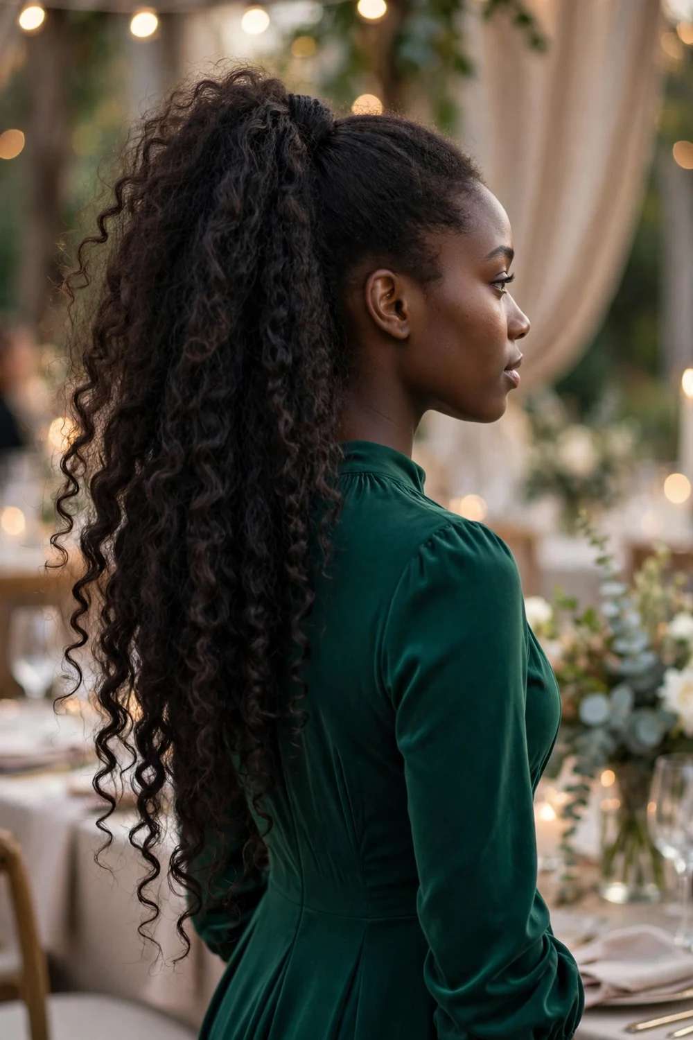 Woman with very long natural curly hair in a high voluminous ponytail with defined curls