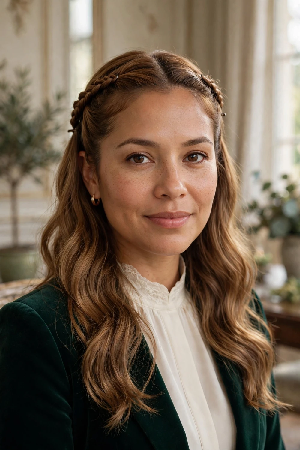 Woman with small front braids pinned back on medium length hair