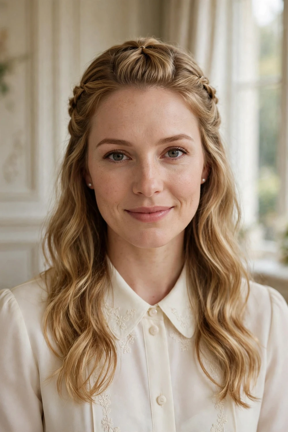 Woman with a braided half-up half-down style on medium length hair