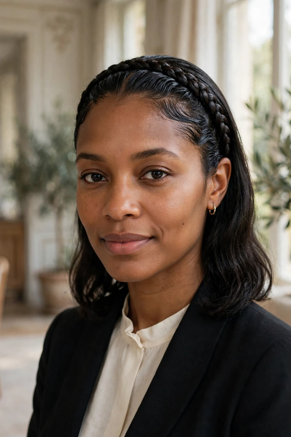 Woman with a braided headband and slicked front pieces on medium hair