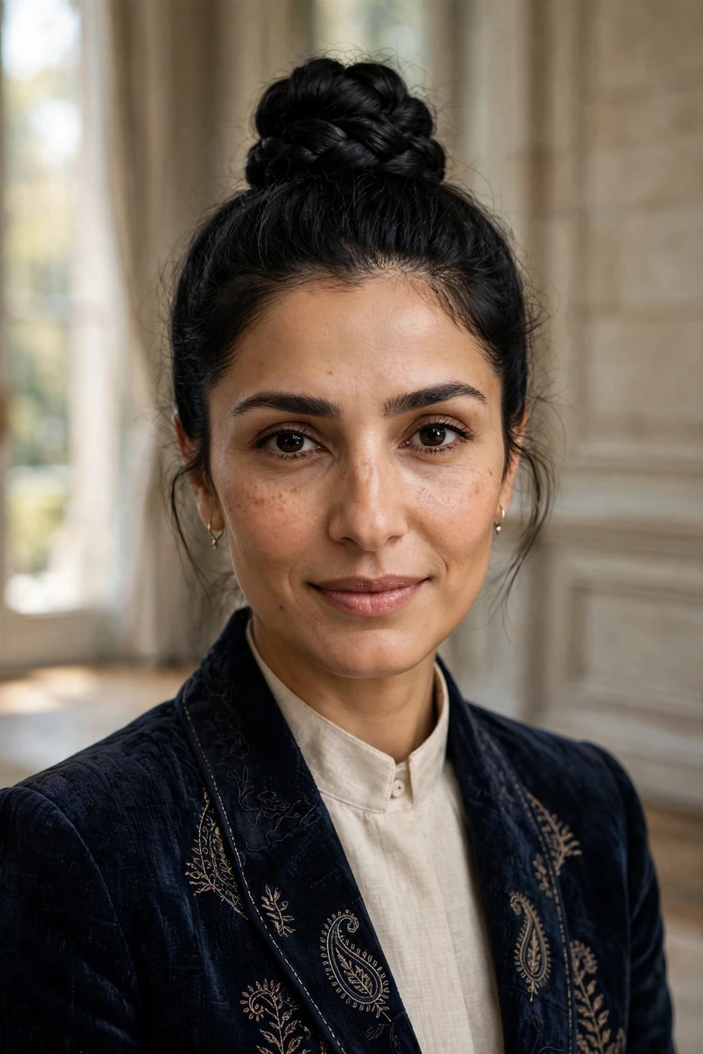 Woman with a braided top knot on medium length hair for a formal event