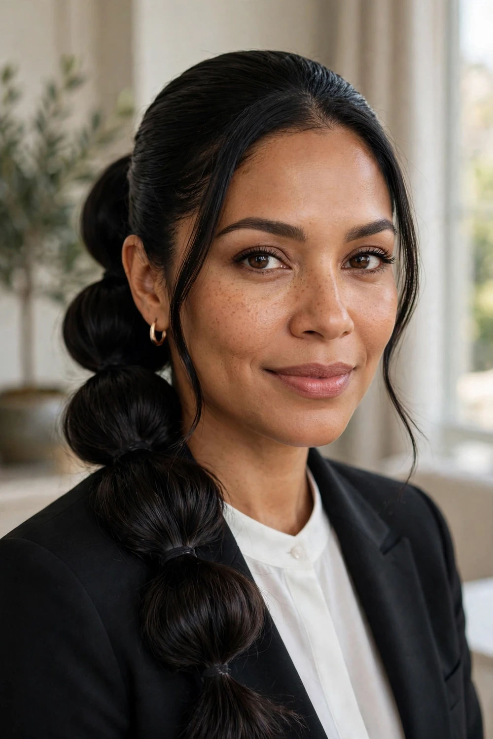 Woman with a sleek formal bubble ponytail on medium length hair