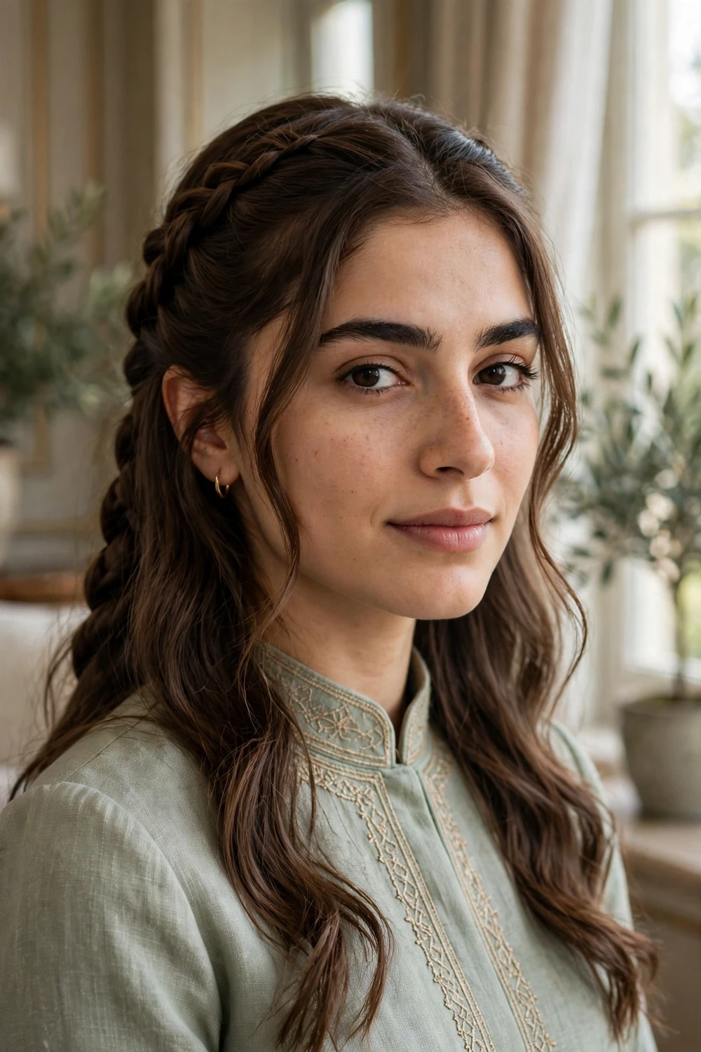 Woman with double stacked half-up braids on medium length hair