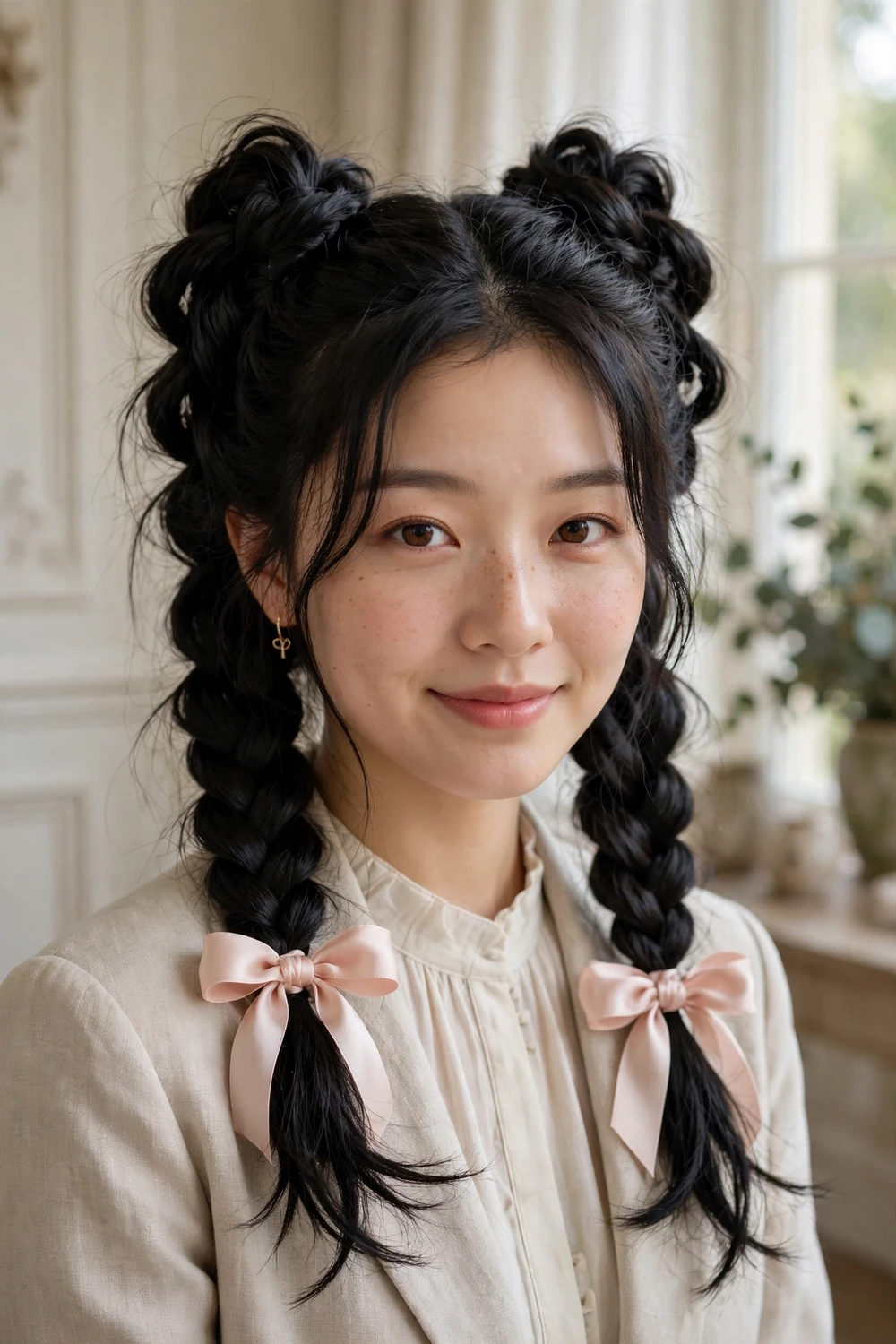 Woman with dragon braids finished with ribbon bows on medium length hair