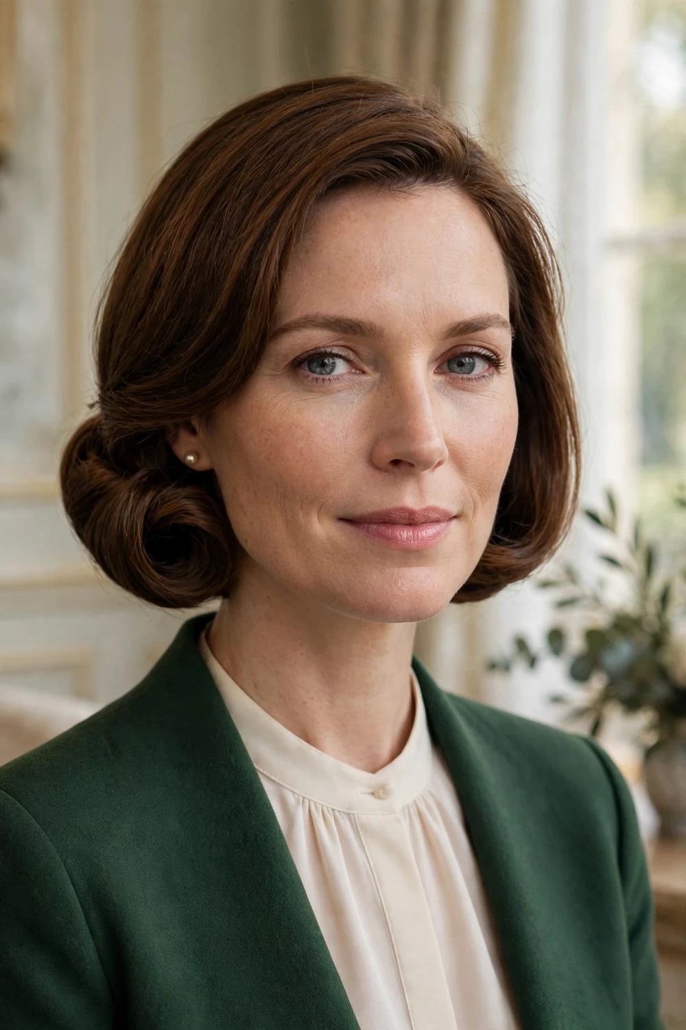 Woman with a faux bob created by tucking medium length hair under