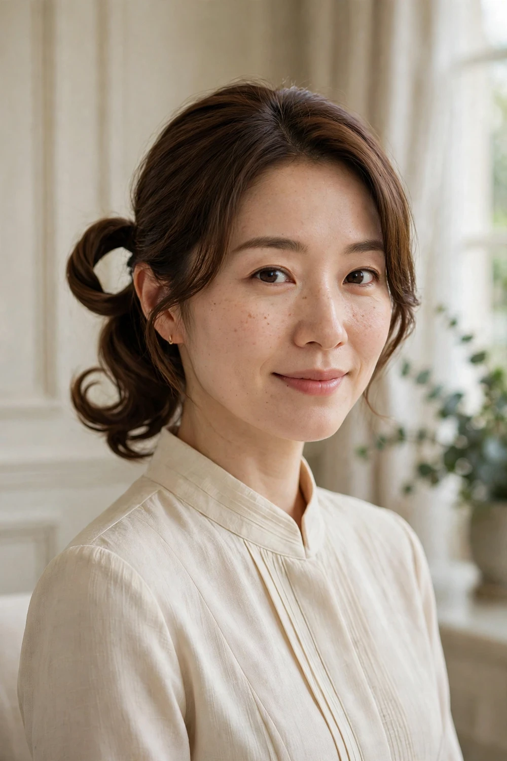Woman with a flipped topsy-tail ponytail on medium length hair