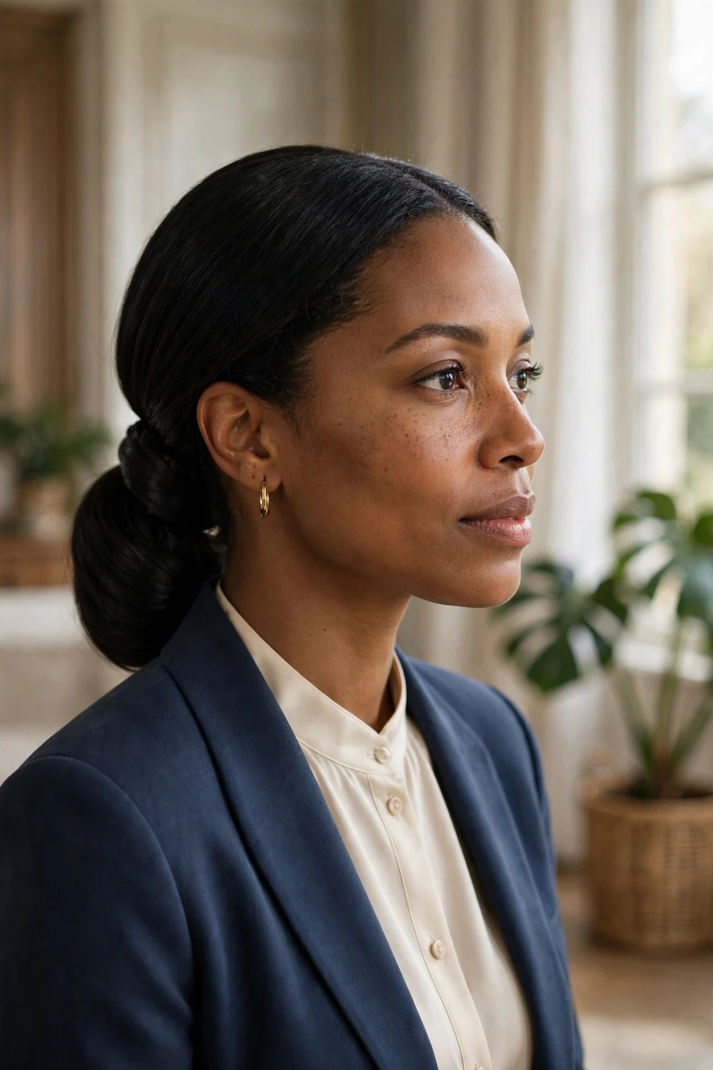Woman with a smooth formal ponytail styled for an evening event