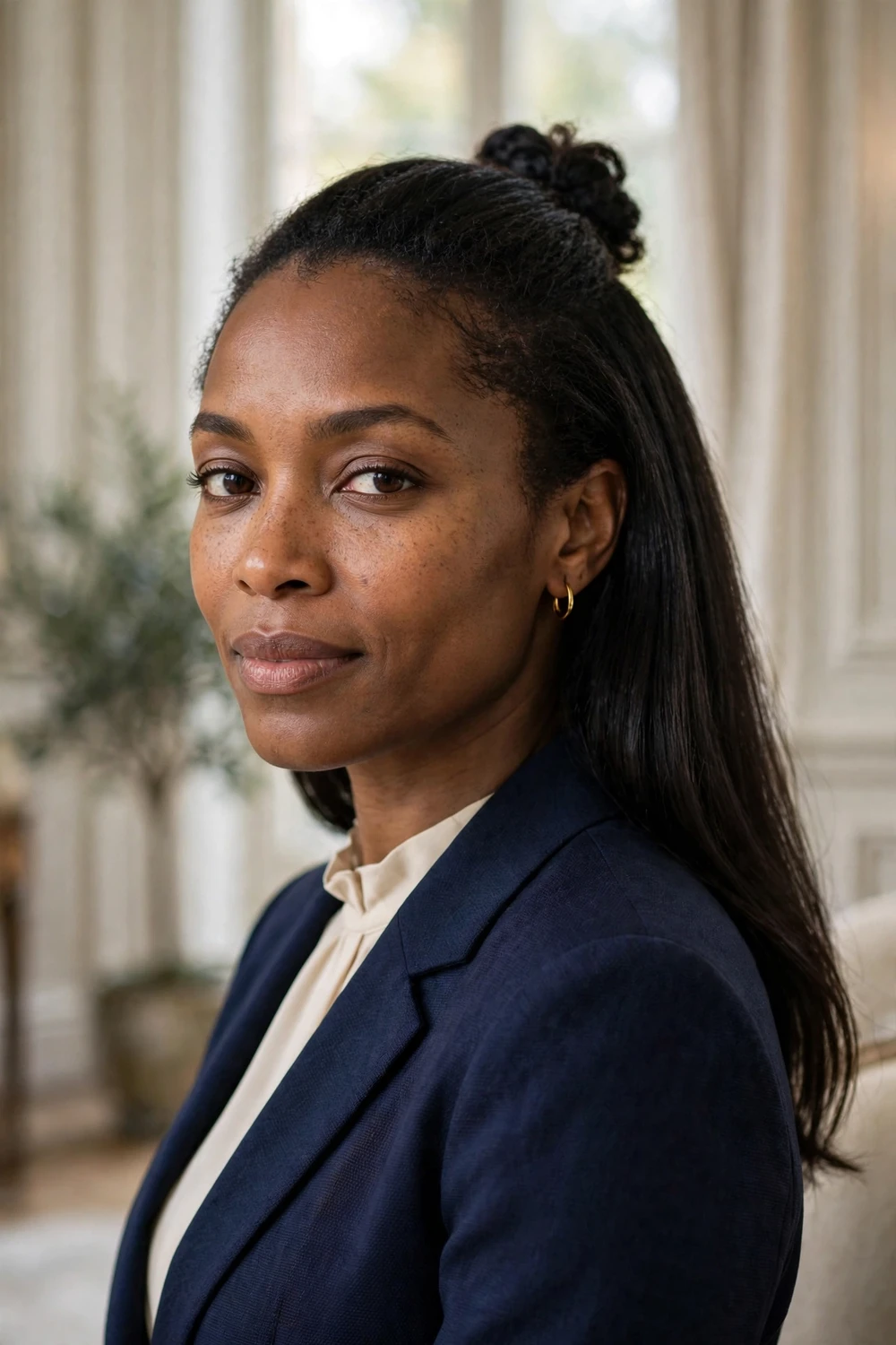 Woman with a neat formal half-bun on medium length hair