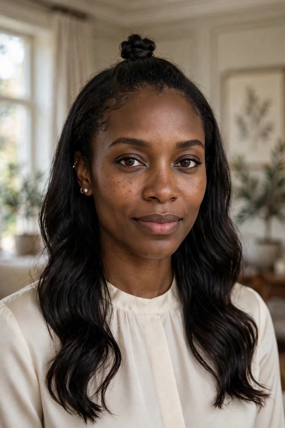 Woman with a small half-top knot on medium length hair