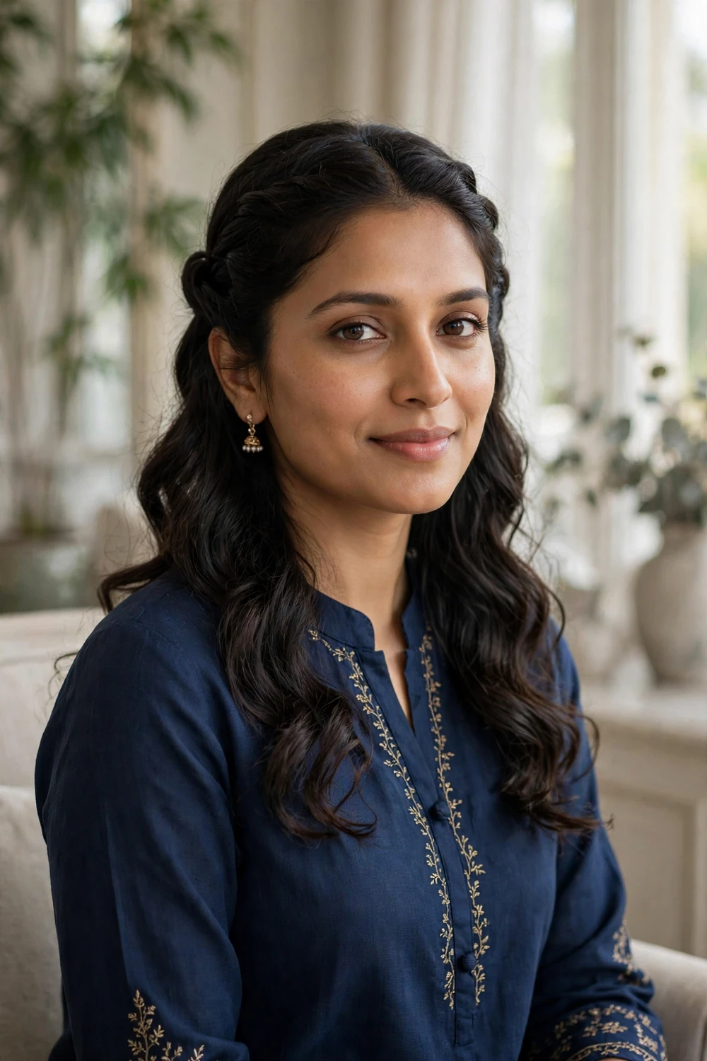 Woman with a twisted half-up hairstyle on medium length hair